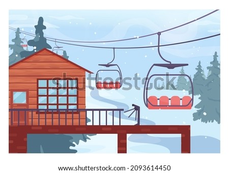 Ski lift platform. Chairlift lifting up people to a slope top. Winter ski resort landscape with ski and snowboarding paths. Snowy hills and forest scenery. Flat vector illustration