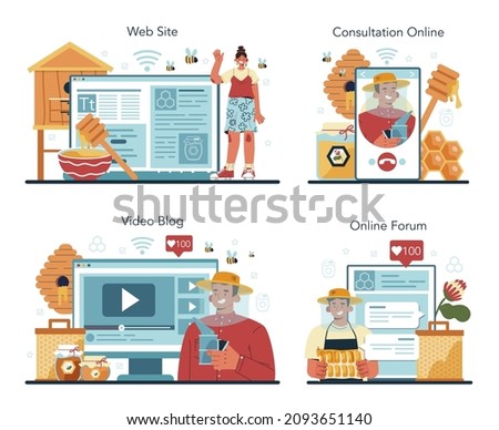 Hiver or beekeeper online service or platform set. Professional farmer gathering honey. Countryside organic product exctraction. Online forum, consultation, video blog, website. Vector illustration