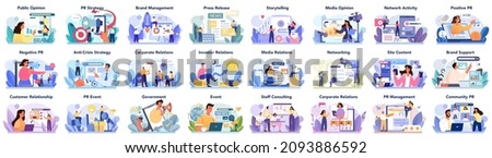 Big public relations set. PR technologies collection. Brand advertising, building arelationships with customer, government and investors. Maintenance of the brand reputation. Flat vector illustration