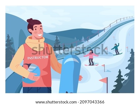 Male ski resort instructor holding a snowboard. Snowboarding instructor with a snowy snowboarding track on a background. Ski and snowboarding school. Flat vector illustration