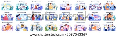 Big public relations set. PR technologies collection. Brand advertising, building arelationships with customer, government and investors. Maintenance of the brand reputation. Flat vector illustration