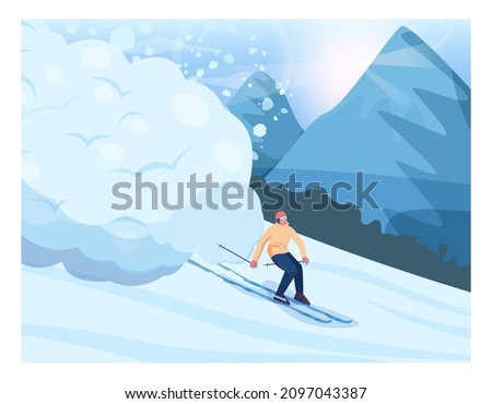 Avalanche concept. Natural disaster chasing a skier. Man escaping a cataclysm. Winter landscape and mountains with snow. Avalanche gliding upon the resort. Flat vector illustration