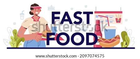 Fast food typographic header. Hamburger, shawarma, hot dogs. Fast food catering worker preparing tasty junk food. Food delivery service. Flat illustration