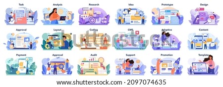 Big website development set. Web site establishing steps, IT project planning. Web page programming and making responsive interface. Isolated flat illustration
