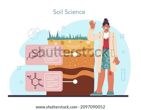 Soil science concept. Natural resource study, and chemical strucure analysis, soil laboratory test. Scientist measuring a pollution level, ecology care. Flat vector illustration