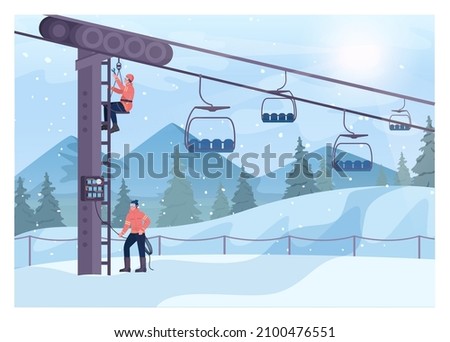 Ski resort maintenance. Surface lift operator fixing a lift. Snowy hills on a background. Winter extreme sport activities. Flat vector illustration