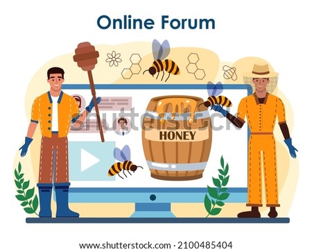 Hiver or beekeeper online service or platform. Apiculture farmer gathering honey. Apiary worker, beekeeping and honey extraction. Online forum. Flat vector illustration