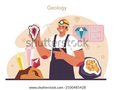 Geology concept. Scientist study structure, evolution and dynamics of the Earth, natural mineral and energy resources. Stones, gas and oil extraction. Flat vector illustration Imagine de stoc © 