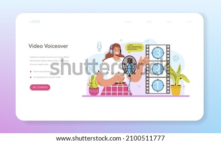 Voiceover web banner or landing page. Voice actor dubbing a movie or series. Audio book narrating and radio announcer. Character talking through the microphone at studio. Flat vector illustration