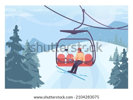 Skier lifting up to a slope by ski lift. Character taking selfie on a chairlift. Winter ski resort, ski and snowboarding paths with ski lift. Snowy hills and forest scenery. Flat vector illustration