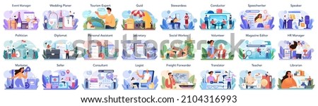 Humanitarian profession set. Business and social profession. Business, retail, politics system and entertainment. Stewardess, teacher, marketer, politician. Isolated flat vector illustration