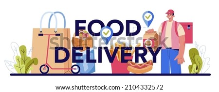 Food delivery typographic header. Courier in uniform with a papper bag. Online food delivery. Goods order in the internet. Express logistic. Flat vector illustration