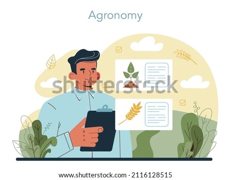 Argonomist concept. Scientist making research in agriculture. Idea of farming and cultivation. Organic harvest selection. Isolated vector illustration
