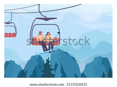 Skiers lifting up to a slope by ski lift. Couple taking selfie on a chairlift. Winter ski resort, ski and snowboarding paths with ski lift. Snowy hills and forest scenery. Flat vector illustration