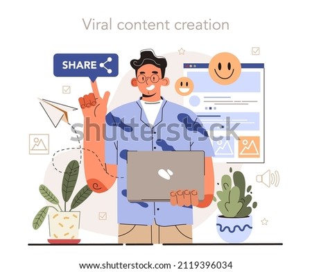 Blog promotion guidance. How to attract the audience to your blog. Visual content tips. Viral content creation. Digital advertising, social media marketing. Flat vector illustration