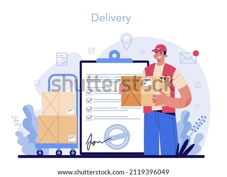 Postman profession. Post office staff providing mail service, accepting of letter and package, selling postage stamp. Delivery and international comunication. Isolated flat vector illustration