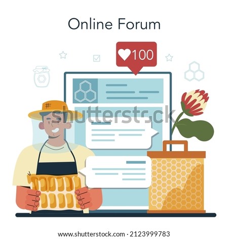 Hiver or beekeeper online service or platform. Professional farmer gathering honey. Countryside organic product exctraction. Online forum. Vector illustration