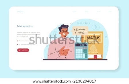 Mathematician web banner or landing page. Mathematician use formulas and diagrams to research and formulate new calculation. Math analysis and conjecture computing. Vector flat illustration