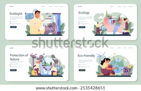 Ecologist web banner or landing page set. Scientist taking care of nature and study ecological environment. Air, soil and water protection and global climate conservation. Flat vector illustration