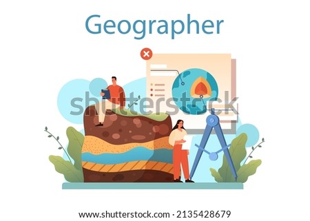 Geographer concept. Studying the lands, features, inhabitants of the Earth. Geologist, naturalist. Climate and environment research. Isolated vector illustration