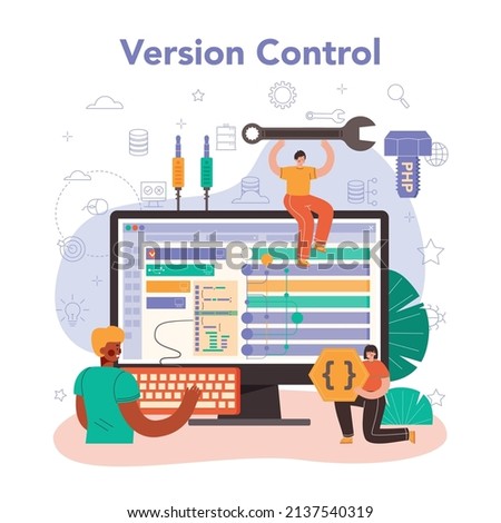 Back end development online service or platform. Software development process. Website architecture improvement. Online version control. Flat vector illustration