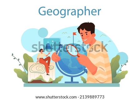 Geographer concept. Studying the lands, features, inhabitants of the Earth. Geologist, naturalist. Climate and environment research. Isolated vector illustration