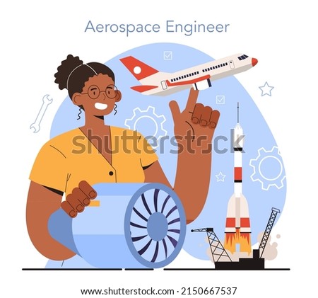 Diverse women in technology and engineering concept. Female aerospace engineer design or build civil or cargo aircraft, missiles, systems for national defense, or spacecraft. Flat vector illustration