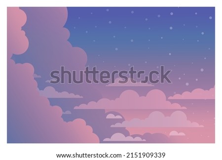 Beautiful sky. Sunrise or sunset with pink clouds and sunshine, heavenly cloud panorama. Landscape in different time of the day with cumulus. Flat vector illustration