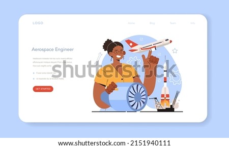 Diverse women in technology and engineering concept. Female aerospace engineer design or build civil or cargo aircraft, missiles, systems for national defense, or spacecraft. Flat vector illustration