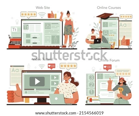 Professional critic concept online service or platform set. Journalist making review and ranking food or art. Online course, forum, video tutorial, website. Flat vector illustration