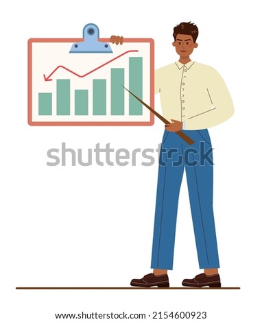 Native American businessman with a graph board. Character making presentation. Presenting business report on seminar. Pointing at the graph. Flat vector illustration