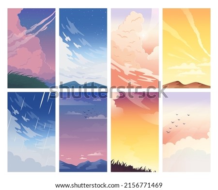 Beautiful sky set. Sunrise or sunset with pink clouds and sunshine, heavenly cloud panorama. Landscape in different time of the day with cumulus. Flat vector illustration