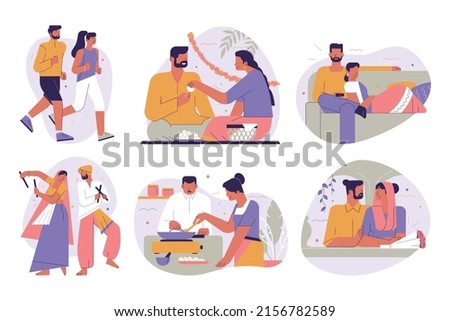 Happy Indian lovers set, couple spending time together. Husband and wife making dinner, watching a movie, jogging, dancing and traveling. Flat vector illustration