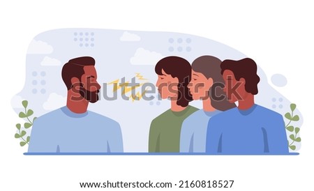 One against all concept. One character standing out of the crowd, person against collective public opinion. Uniqueness, competition and leadership idea. Flat vector illustration