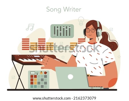 Composer. Author making and playing music with professional equipment. Talented songwriter, classic, jazz and rock music composing. Flat vector illustration.