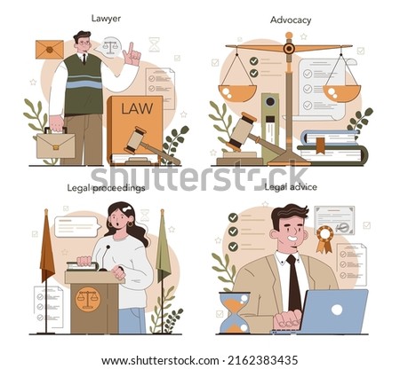 Lawyer concept set. Law advisor or consultant, advocate defending a customer at the proceeding. Punishment and judgement idea. Vector flat illustration