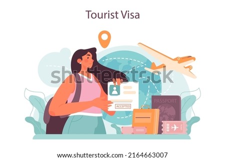 Traveling abroad concept. Visa application approving and insurance certificate processing, International vacation or emigration procedure. Flat vector illustration