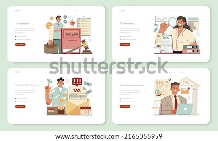 Tax inspector web banner or landing page set. Idea of accounting and payment consultation. Financial bill audit, financial reporting. Internal Revenue Service consultation. Flat vector illustration