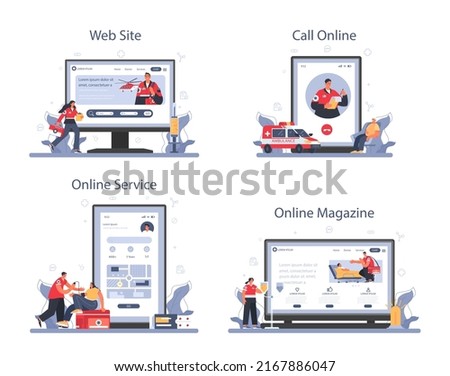 Ambulance online service or platform set. Emergency medical technician in the uniform performing first aid. Paramedics urgent care. Online magazine, call, website. Flat vector illustration