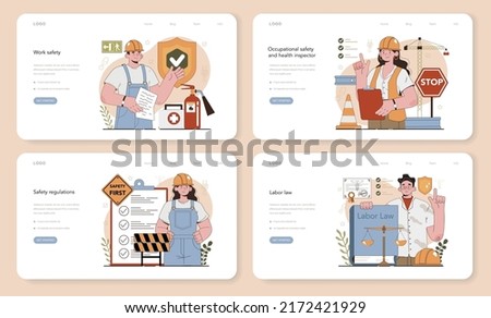 OSHA web banner or landing page set. Occupational safety and health inspection. Government public service protecting worker from health and safety hazards at the job place. Flat vector illustration