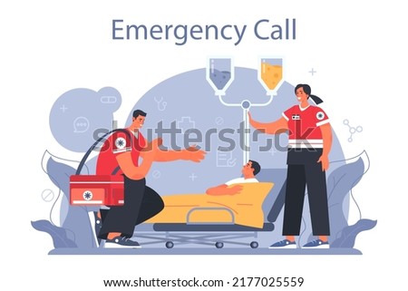 Ambulance concept. Emergency medical technician in the uniform performing first aid. Paramedics urgent care. Healthcare, modern medicine treatment. Flat vector illustration