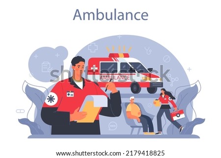 Ambulance concept. Emergency medical technician in the uniform performing first aid. Paramedics urgent care. Healthcare, modern medicine treatment. Flat vector illustration