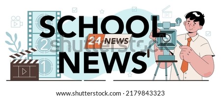 School news typographic header. Student presenting news at school. Drama class sudent speaking on camera, reporting news. Flat vector illustration