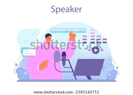 Speaker concept set. Voice actor dubbing a movie, audio book or radio announcer. Character talking through the microphone at the studio. Flat vector illustration