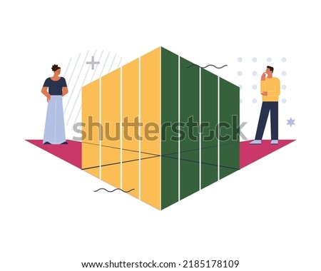 Different vision or opinion concept. Two people point of view or perspective. Diversity in idea and information, subjective visual experience. Flat vector illustration