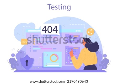 Software tester concept. Application or website code testing. Software development and debugging. IT specialist searching for bugs and correcting errors. Flat vector illustration ストックフォト © 