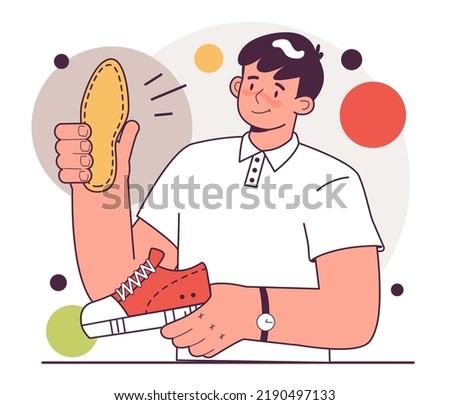 Feet problem correction. Character puting anatomical footwear insoles in thei shooes. Orthopedic treatment. Flat vector illustration