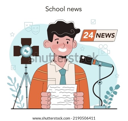 School news. Student presenting news at school. Drama class sudent speaking on camera, reporting news. Flat vector illustration