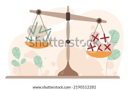 Comparison concept. Pros and cons with two choices. Risk and benefits analysis. Difficult decision-making. Two options dilemma. Flat vector illustration