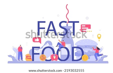 Fast food typographic header. Hamburger, shawarma, hot dogs and pizza restaurant. Fast food worker preparing tasty junk food. Food delivery service. Flat illustration
